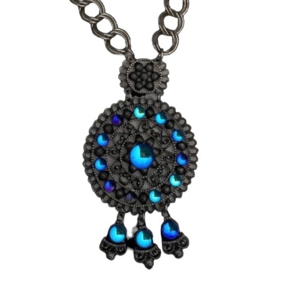Estate Blue Purple Glass Beaded Medallion Necklace Jewelry Moroccan Boho Hippie - Picture 2 of 10